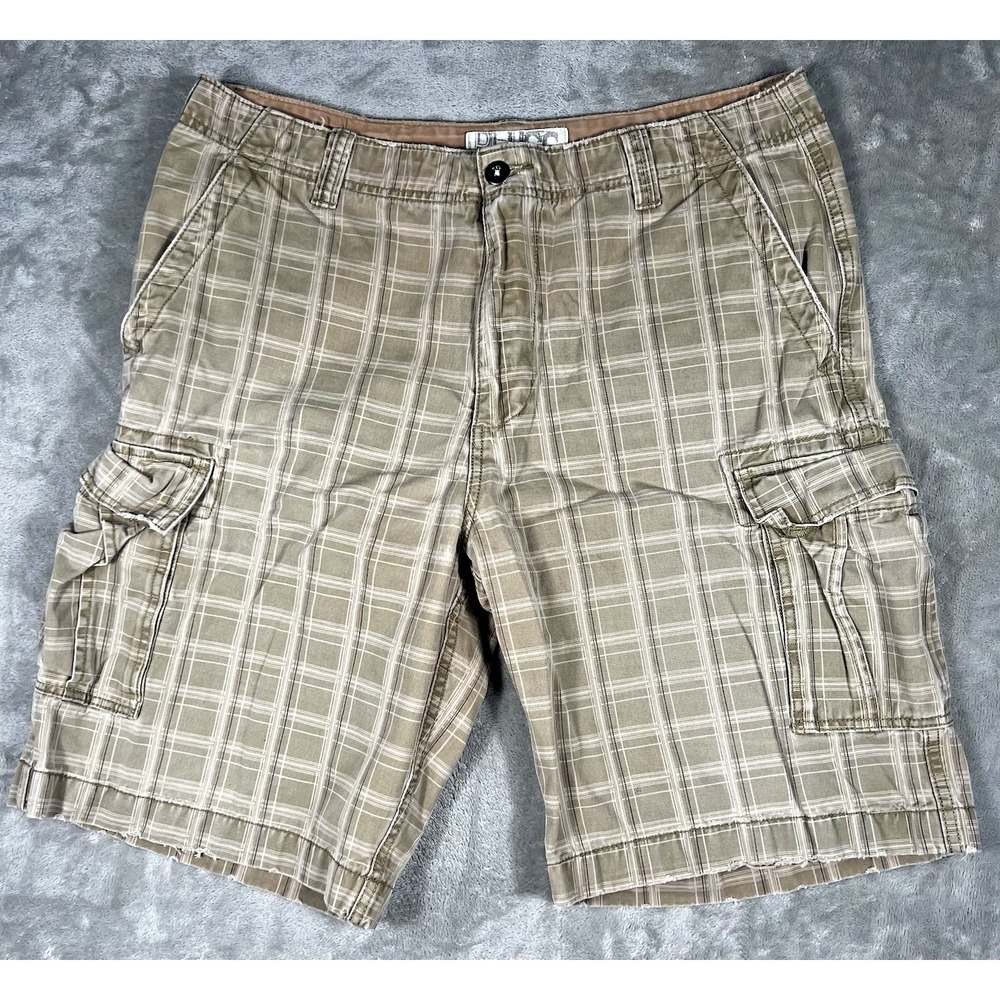 Plugg Cargo Shorts Mens 36 Brown Plaid Pockets Y2K Grunge Baggy Wide Leg 2000s
